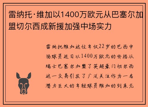 雷纳托·维加以1400万欧元从巴塞尔加盟切尔西成新援加强中场实力